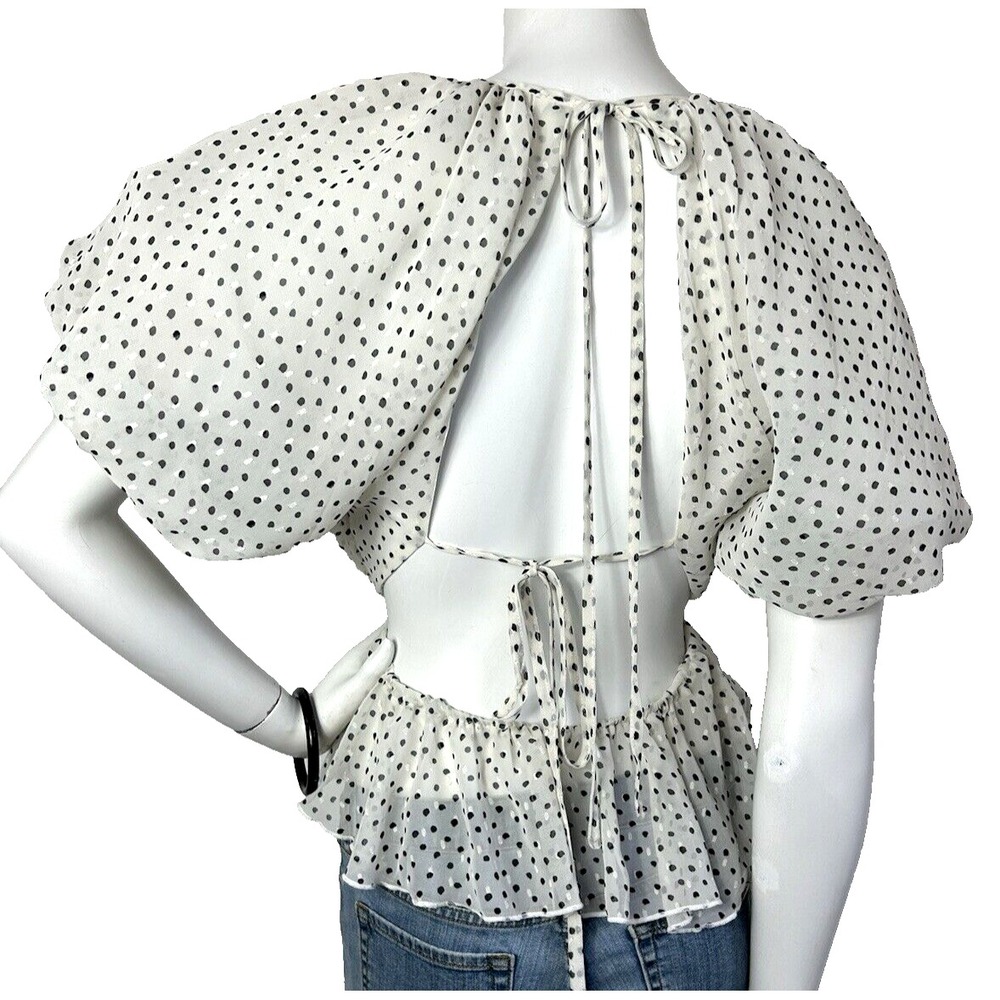 Nasty Gal Be Tie Baby Blouse 4 XS NWT Romantic Polka Dot Peplum Top Open Back